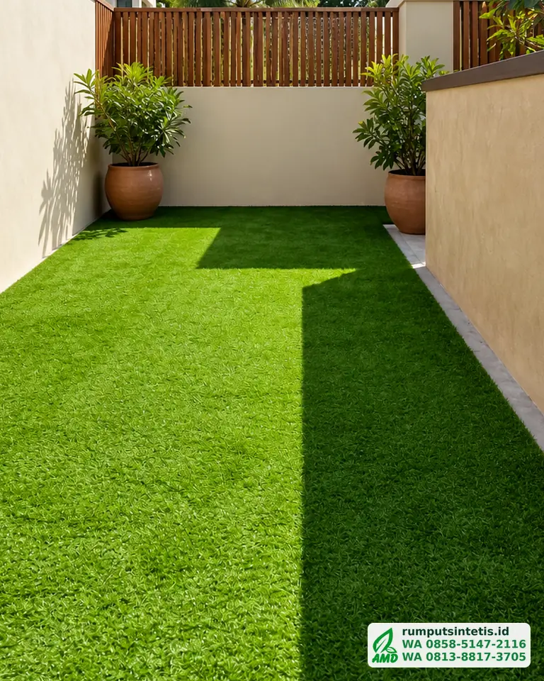 Taman samping rumah dengan rumput sintetis