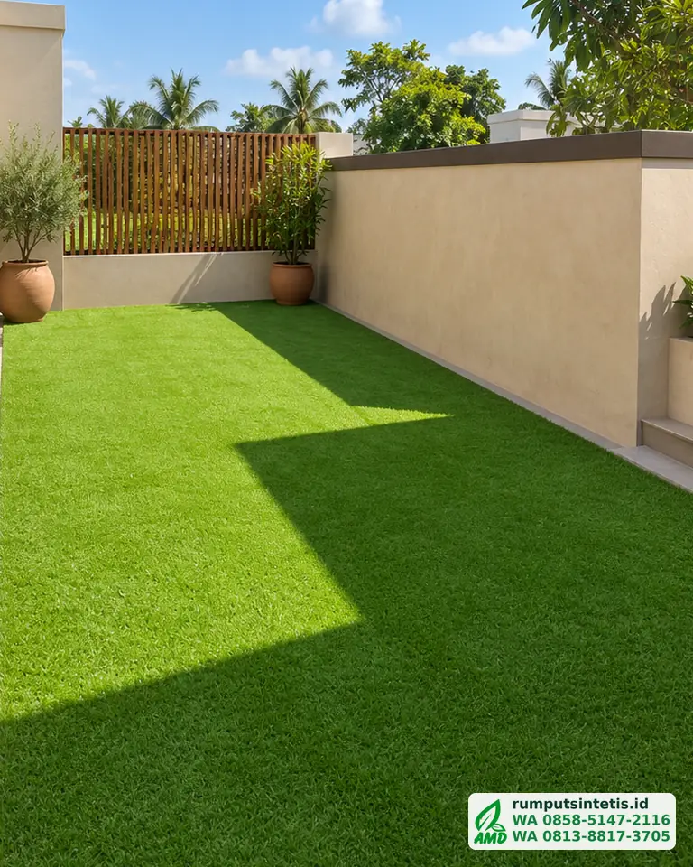Taman samping rumah dengan rumput sintetis