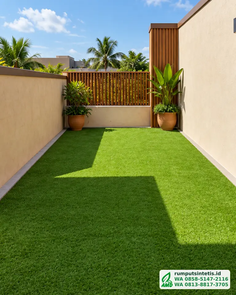 Taman samping rumah hijau dengan rumput sintetis
