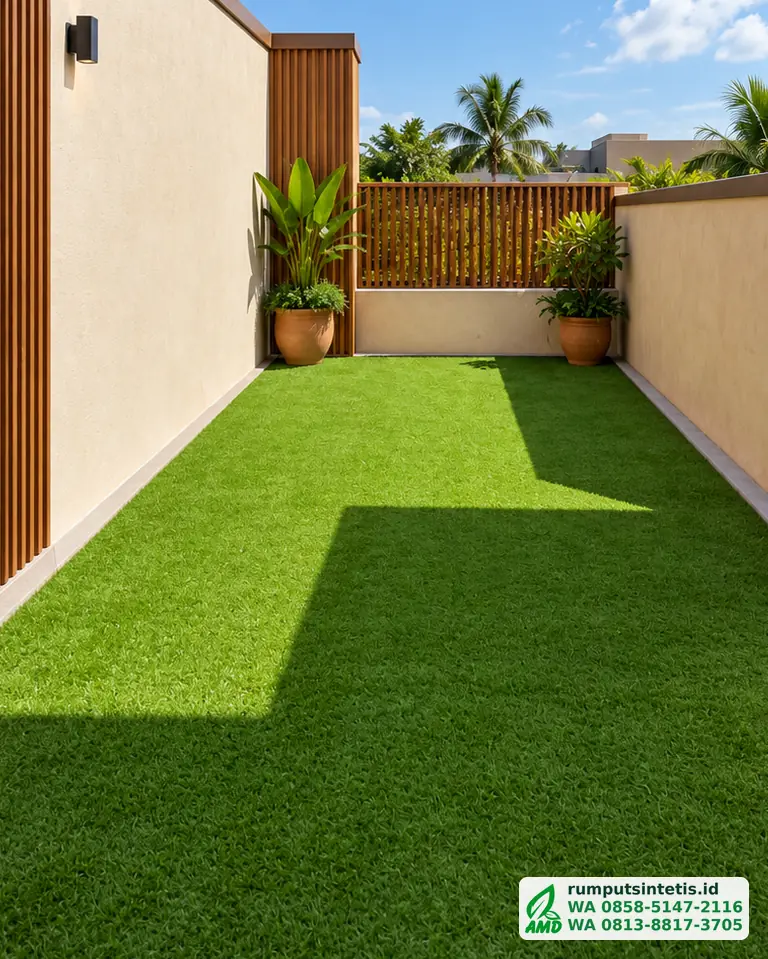 Taman samping rumah hijau dengan rumput sintetis Swiss