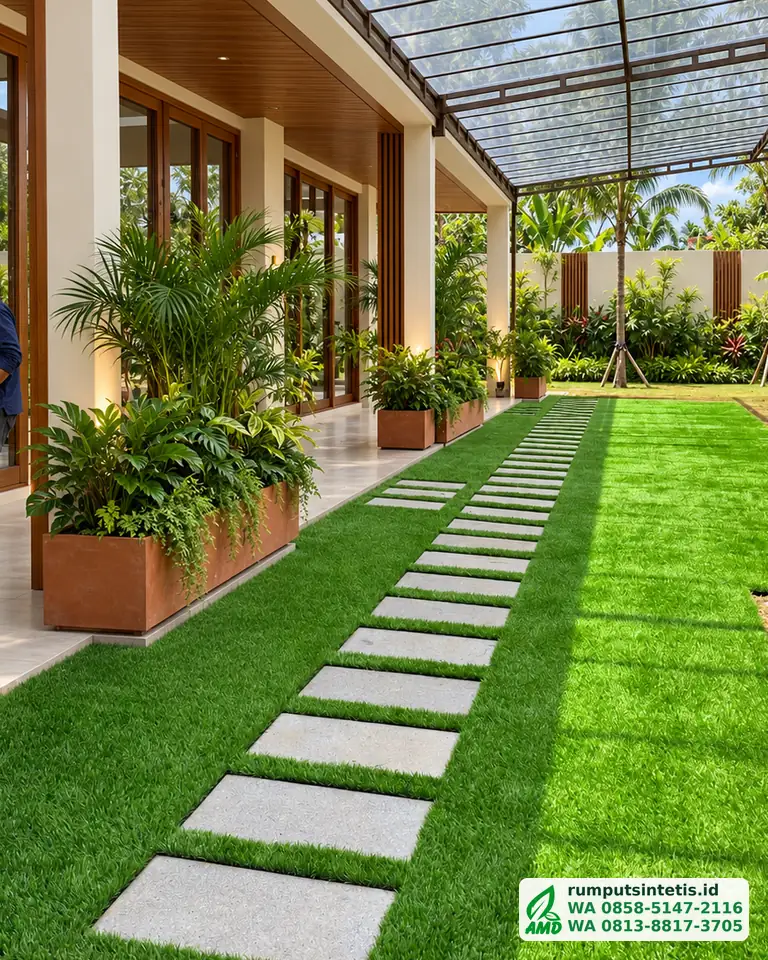 Taman selesai dengan rumput sintetis di atas drainage cell