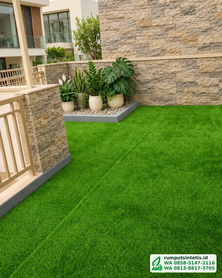 Teras atas rumah dengan rumput sintetis