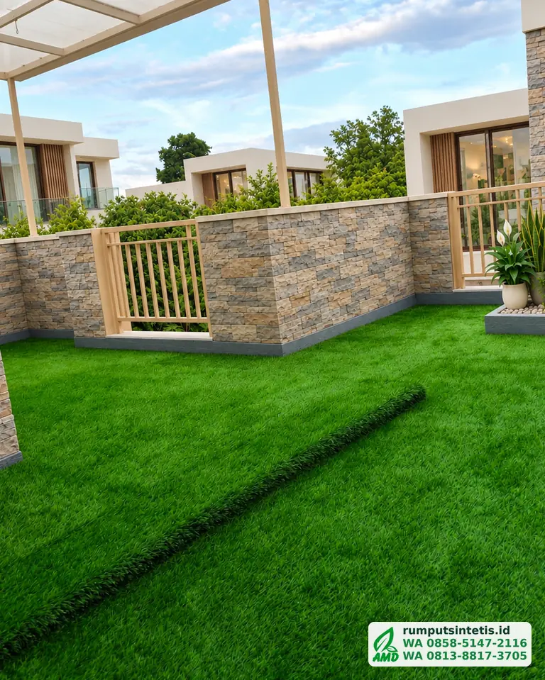 Teras atas rumah dengan rumput sintetis dan dinding batu