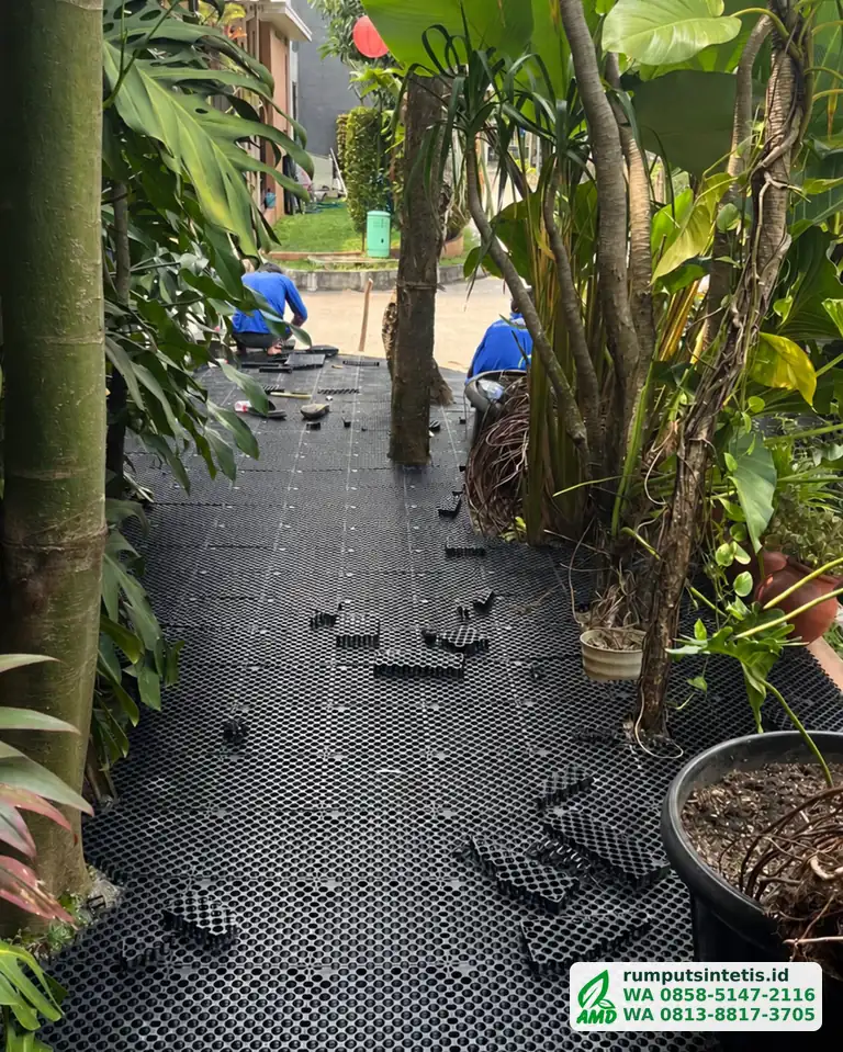 Tim memasang drainage cell di taman di bawah pohon