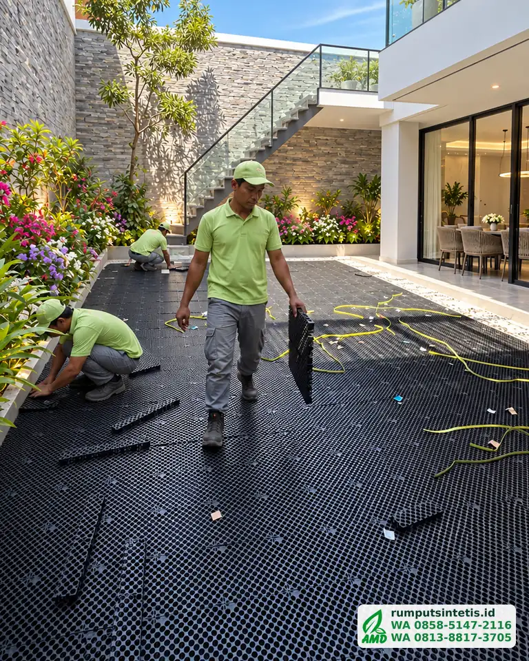 Tim memasang panel drainage cell di halaman